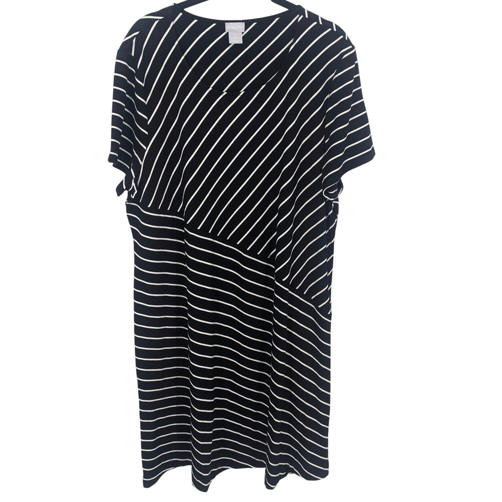 Chicos Tunic Dress Womens 16 18 Black Striped Midi Stretch Comfort Casual Mature
